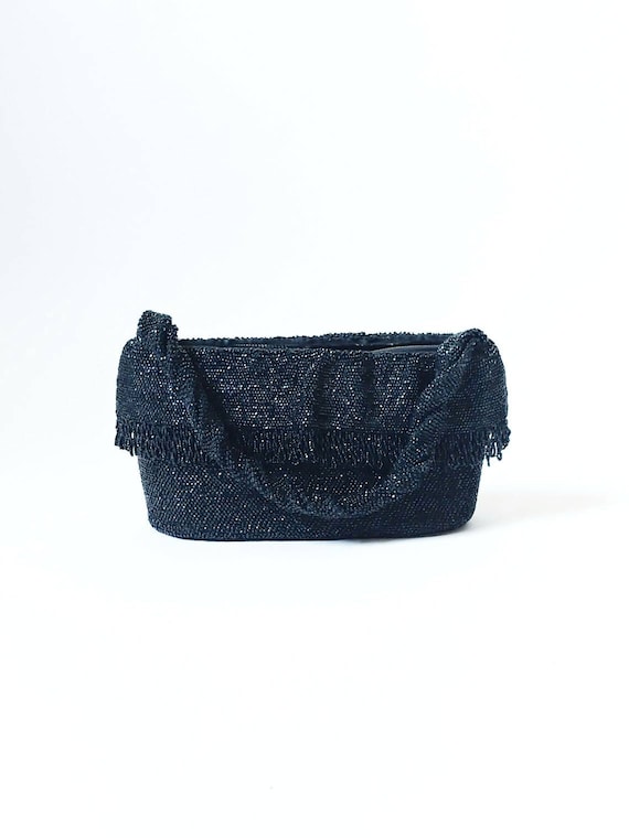 1940s Black Glass Bead Cloth Fringe Purse | Vinta… - image 2