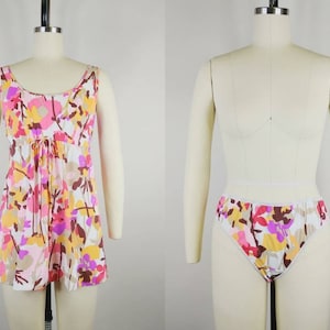 1960s Nightie Set | Vintage 60s Purple Pink Yellow Floral Nightgown Top and Panties | Women&#39;s Lingerie Small Medium