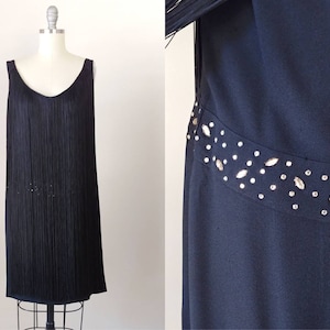 1960s Flapper Dress | Vintage 60s does 20s Rhinestone Studded Black Rayon Fringe Dress | 1920s Inspired Cocktail Dress XS Small