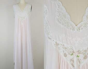 1980s Christian Dior Pink Cotton Lace Nightgown | Vintage 80s Victorian Revival Sleeveless Nightdress