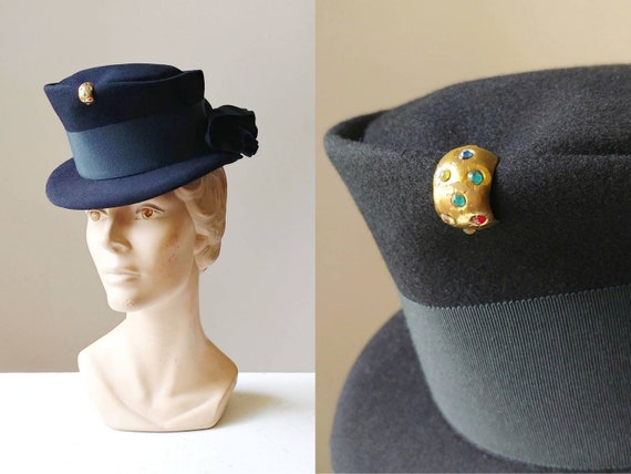 1940s Mini Black Top Hat with Rainbow Rhinestones
