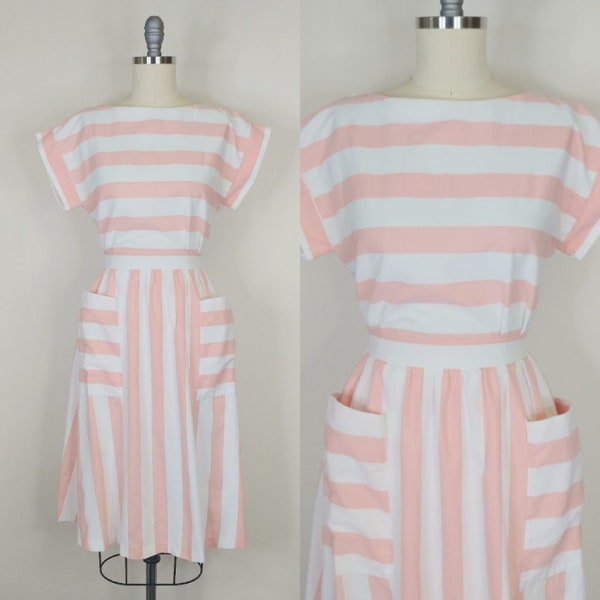 1970s Striped Cotton Skirt Set | Vintage 70s Pink and White Top and Skirt