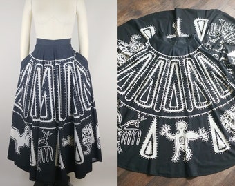 1990s does 1950s Sequin Mexican Tourist Skirt | Vintage 90s Black White Petroglyph Cotton Midi Circle Skirt | Womens Clothing XL 31 Waist