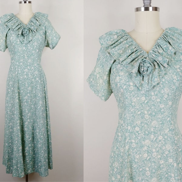 1990s does 1930s Rayon Floral Midi Dress | Vintage 90s Green Short Sleeve Ruffle Collar Dress | Women's Clothing Small Medium