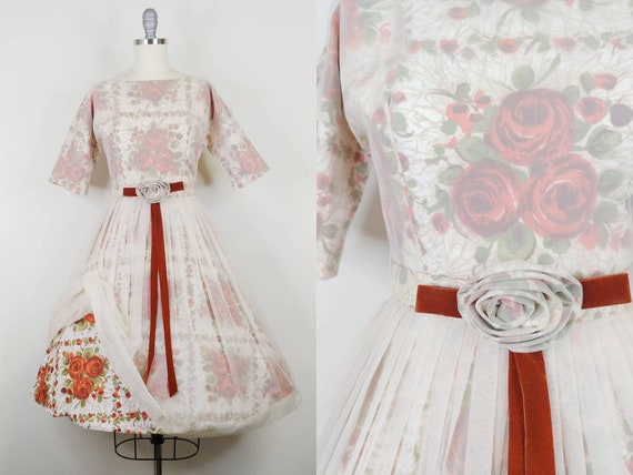 1950s Rose Print Floral Illusion Dress | Vintage … - image 1