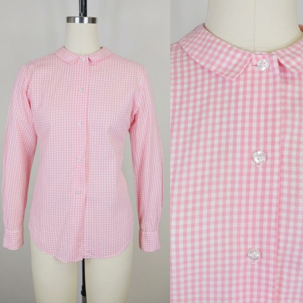 1960s Lady Van Heusen Pink Gingham Cotton Button Down Blouse | Vintage 60s Tailored Long Sleeve Shirt