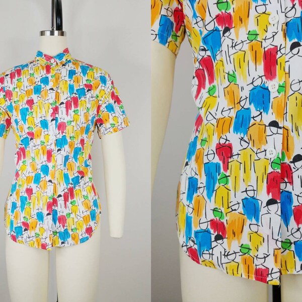 1980s Crowd of People Novelty Print Blouse | Vintage 80s Colorful Cotton Button Down Collared Top | Women's Clothing Small