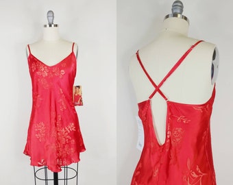 1990s Y2K Deadstock Cherry Red Silk Burnout Rose Print Nightgown | Vintage 90s Bias Cut Nightdress | Women's Lingerie Medium