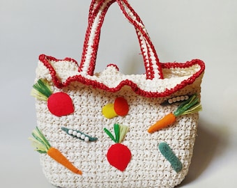 1960s Vegetable Garden Raffia Novelty Purse | Vintage 60s Magid Handbag