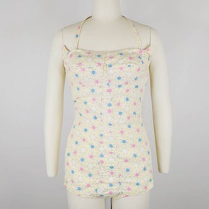1950s Atomic Print One Piece Cotton Swimsuit | Vintage 50s Yellow Halter Strapless Maillot Bathing Suit | Womens Swimwear Small Medium