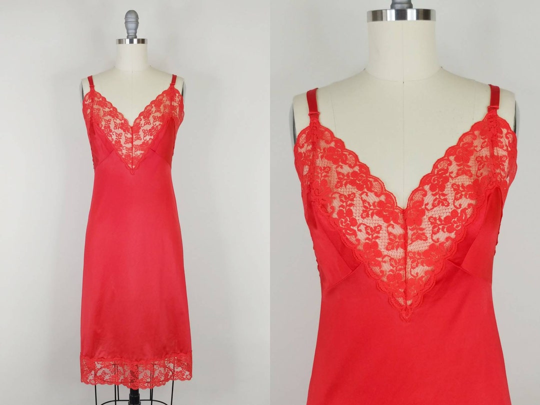 1980s Cherry Red Satin Nylon Full Slip Vintage 80s Dress Slip Women's