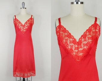 1980s Cherry Red Satin Nylon Full Slip | Vintage 80s Dress Slip | Women's Lingerie Medium 36