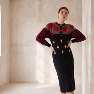 1980s Adolfo Harlequin Geometric Sweater Dress | Vintage 80s Designer Knit Dress