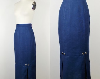 1980s Navy Blue Linen Fishtail Pencil Skirt | Vintage 80s does 50s Pinup Sheath Skirt