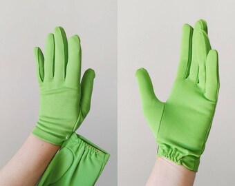 1960s Bright Green Nylon Wrist Gloves | Vintage 60s Stretch Gloves | Womens  Accessories Size 7 7.5