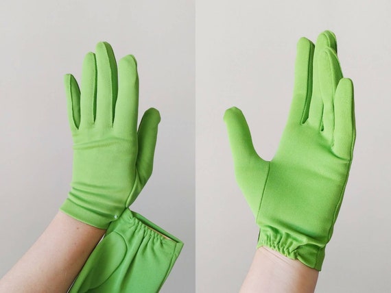 1960s Bright Green Nylon Wrist Gloves Vintage 60s Stretch Gloves