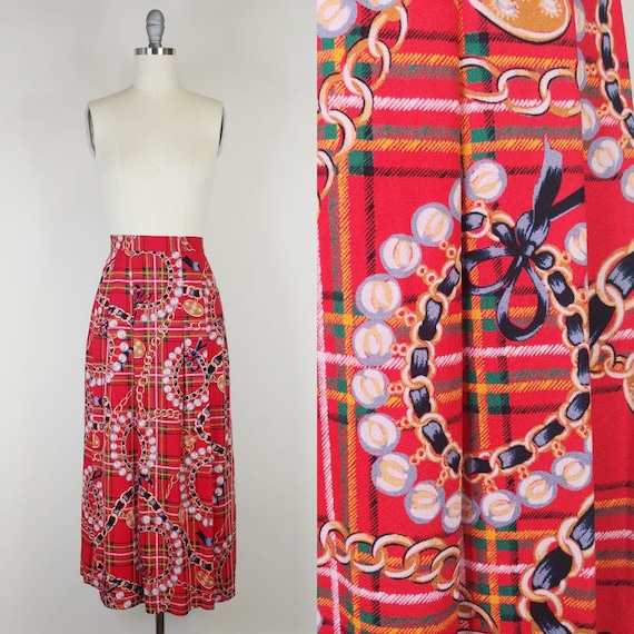 1990s Bows and Chains Novelty Print Plaid Midi Sk… - image 1