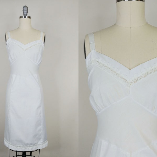 1970s Cotton Blend White Slip | Vintage 70s Full Slip | Women's Slip Dress 34 Small
