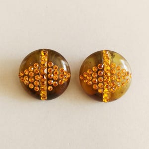 1940s Art Deco Faux Tortoise Rhinestone Clip On Earrings | Vintage 40s Round Globe Plastic Clipons