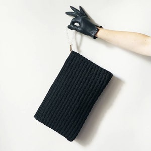1940s Black Crochet Clutch With Twisted Lucite Pull | Vintage 40s Large Rectangle Handbag | Womens Accessories