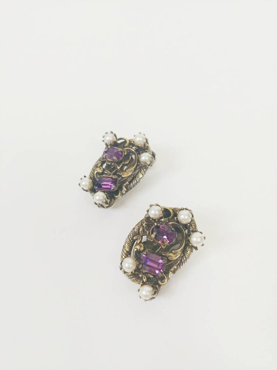 1950s Amethyst Purple Rhinestone Clip On Earrings… - image 3