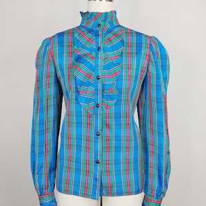 1940s Plaid Taffeta Blouse | Vintage 40s Puffed Sleeve Jabot Collar Button Down Top | Women&#39;s Clothing