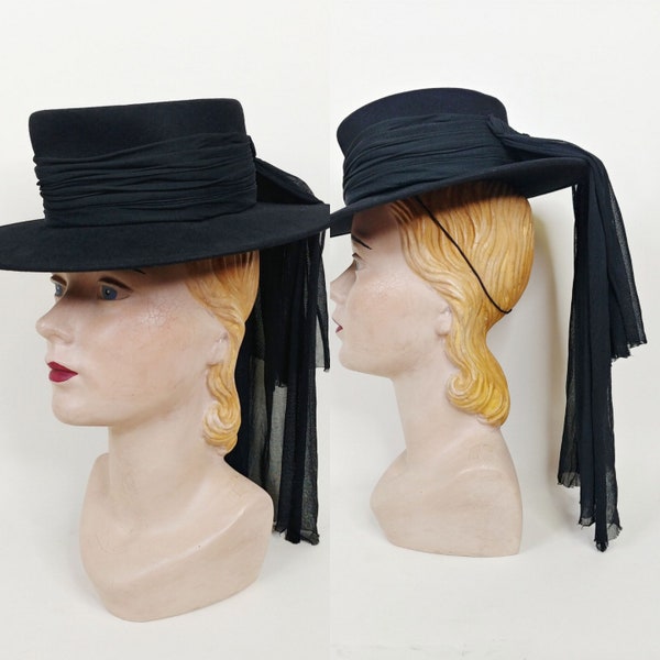 1940s Black Felt Bolero Hat | Vintage 40s Fedora with Jersey Scarf | Women's Brimmed Hats