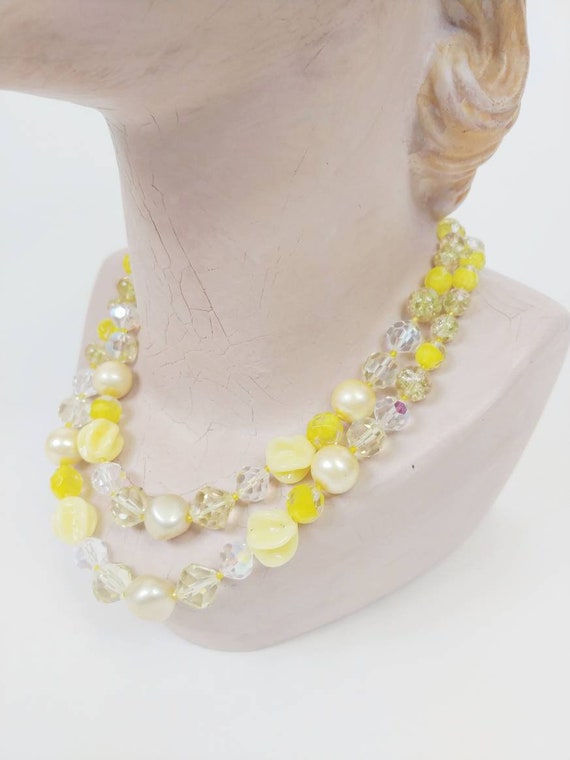 1960s Yellow Glass Crystal Two Strand Tiered Bead… - image 3