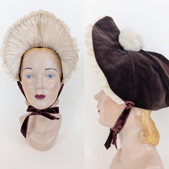 Victorian Style Velveteen Bonnet | Vintage 1940s Dark Brown Velvet Cap