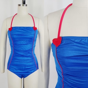 1970s Novelty Hearts Blue and Red One Piece Swimsuit | Vintage 70s Bathing Suit