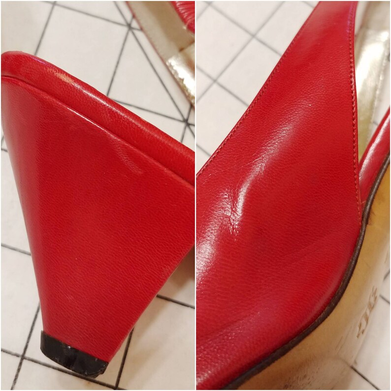Vintage 80s Slingback Pumps Women/'s Shoes 6.5 B 1980s Bruno Magli Red Leather Kitten Heels with Gold Polka Dot Bows