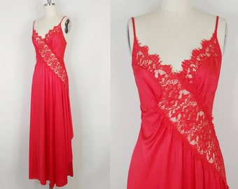 1980s Cherry Red Nylon Maxi Nightgown | Vintage 80s Plunge Neck Lace Nightdress | Women's Sleepwear Lingerie Small Medium