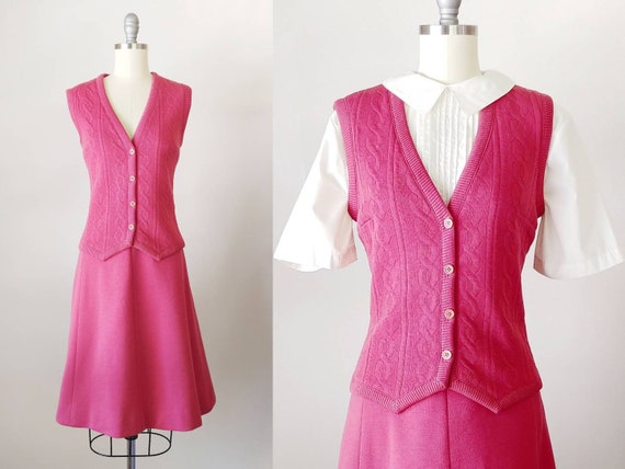 1970s Rose Pink Wool Knit Set | Vintage 70s Cable