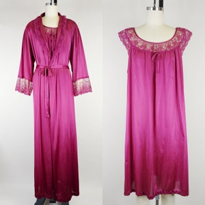 1970s Fantasy Nightwear Wine Red Nylon Peignoir Set | Vintage 70s Nightgown and Robe | Women&#39;s Loungewear Large