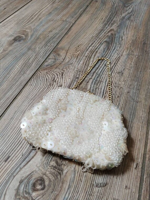 1950s Encore White Beaded Sequin Purse | Vintage … - image 4