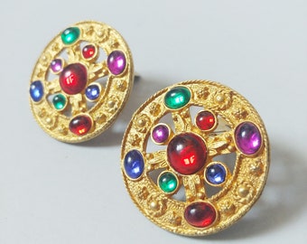 1980s Jewelled Runway Earrings | Vintage 80s Etruscan Gold Clip On Earrings | Women's Jewelry