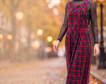 1990s Plaid Corduroy Jumper | Vintage 90s Jumper Dress