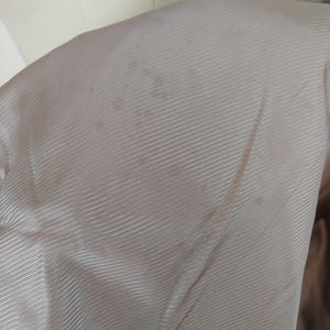 May include: Close-up of the interior lining of a coat. The lining is a light tan color with a subtle, ribbed texture. The coat's fur collar is visible at the top. There are some darker spots on the lining.