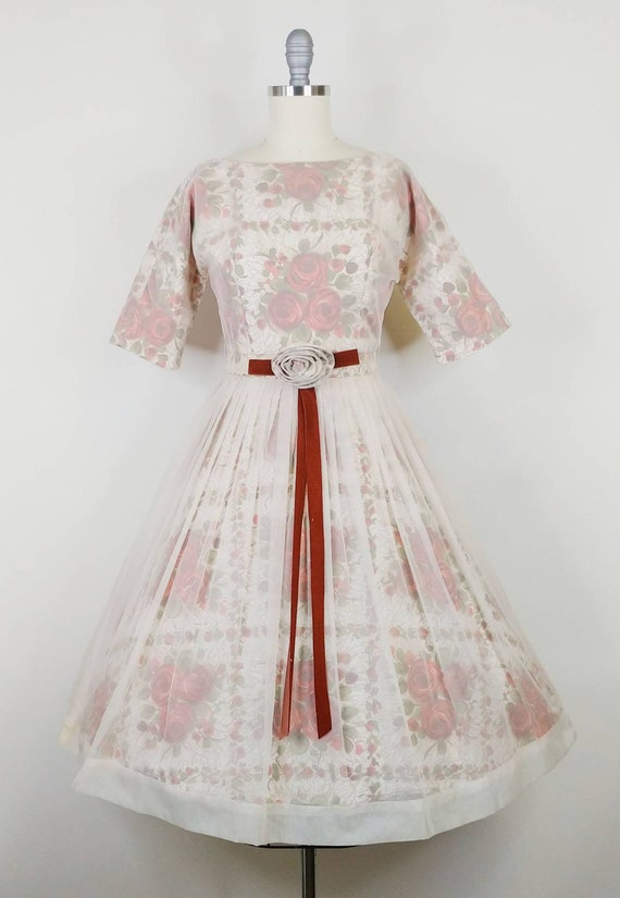 1950s Rose Print Floral Illusion Dress | Vintage … - image 2