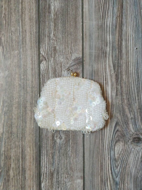 1950s Encore White Beaded Sequin Purse | Vintage … - image 8