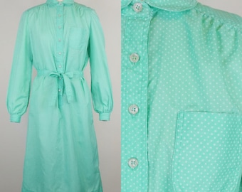 1970s Mint Green Swiss Dot Secretary Dress | Vintage 70s Long Sleeve Button Down Shirt Dress