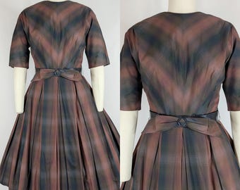 1950s Plaid Cotton Fit n Flare Dress | Vintage Brown Day Dress