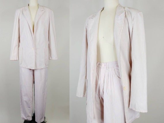 1980s Flamingo Pink Grey Pinstriped Cotton Pant S… - image 1
