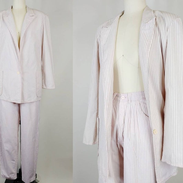 1980s Flamingo Pink Grey Pinstriped Cotton Pant Suit | Vintage 80s Menswear Inspired Blazer Jacket and Pleated Pants | Womens Clothing