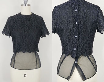 1960s Black Lace Blouse | Vintage 60s Double Layer Crop Sheer Button Back Top