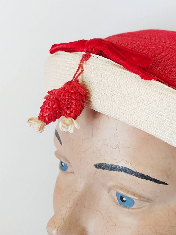 1940s Summer Berries Red and Cream Woven Hat  | V… - image 4