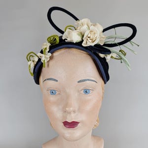 1940s Navy Blue Floral Woven Hat | Vintage 40s Juliette Cap