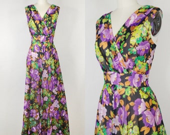 Jaren '60 Donkere bloemen maxi-jurk | Vintage jaren '60 mouwloze chiffonjurk