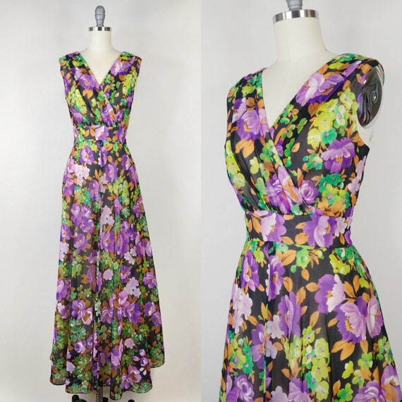 1960s Dark Floral Maxi Dress | Vintage 60s Sleevel