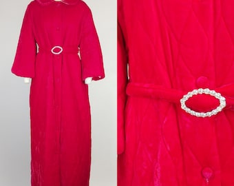 1960s Campus Girl Cranberry Red Velvet Quilted Robe | Vintage 60s Housecoat Loungewear